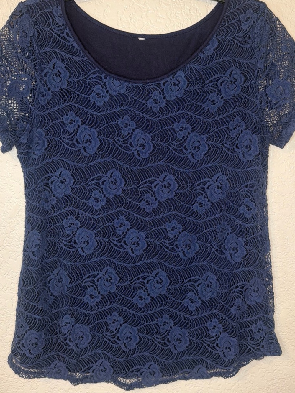 Leo & Nicole Navy Floral Lace Short Sleeve Top